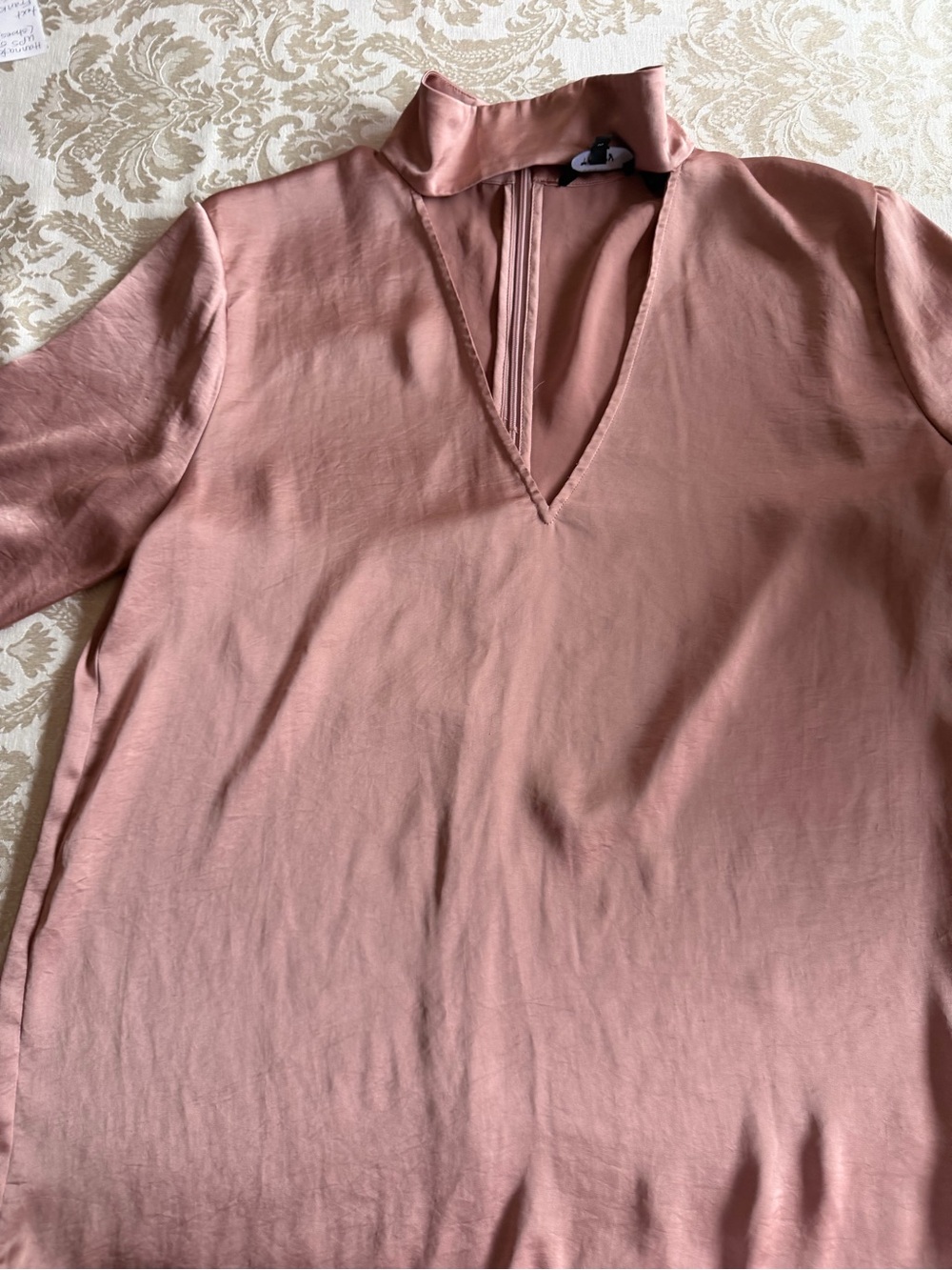 Theory Dusty Rose Mock Neck V-Notch Satin Tunic
